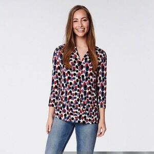 Rafaella Studio Women S Multi Color Ikat Polka Dot Sequin V-Neck 3/4 Top NWT $65